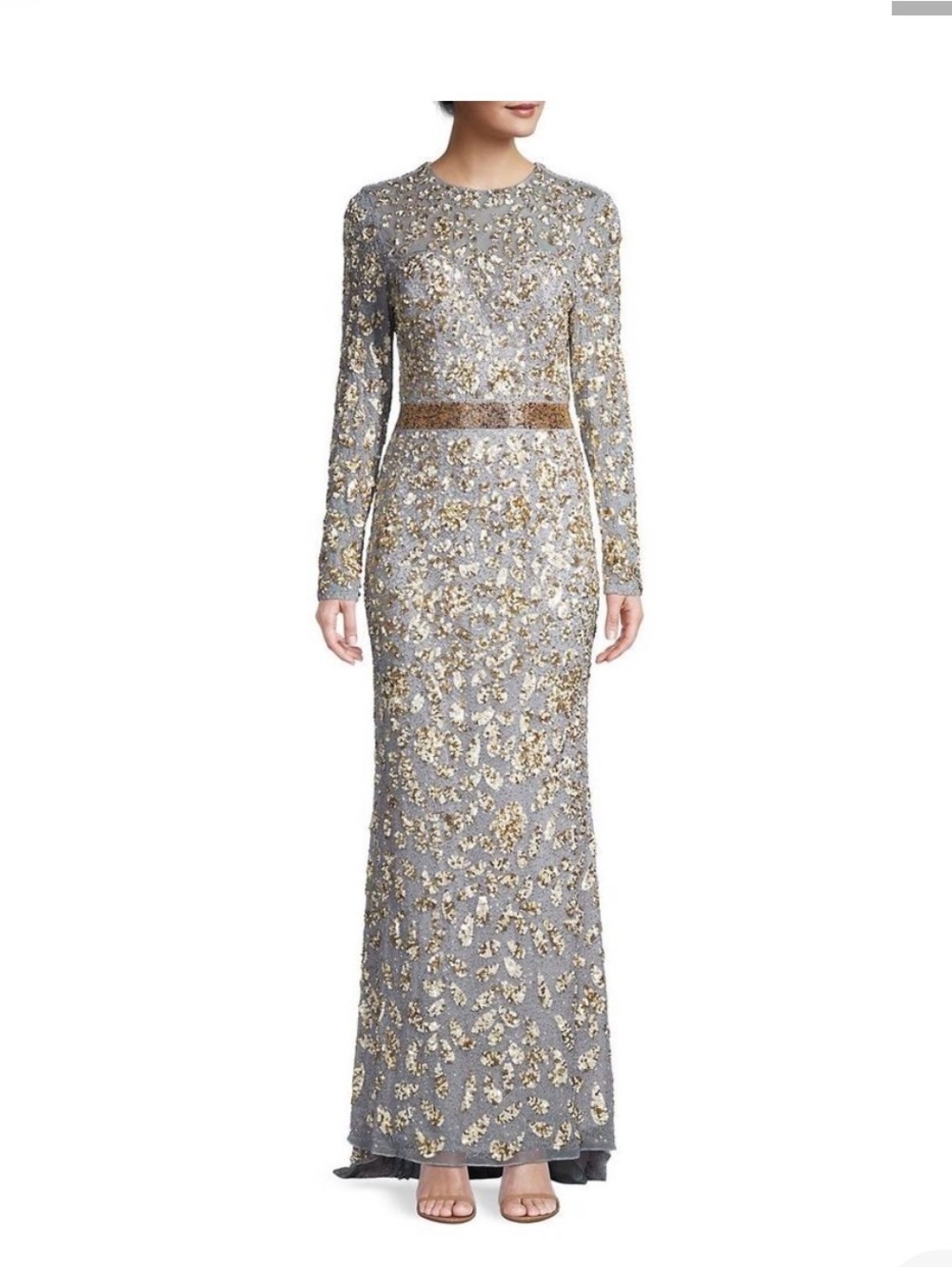 Mac Duggal cream and Gold Sequin Long-Sleeve Evening Gown